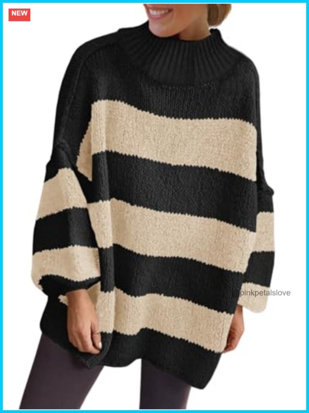 Oversized Striped Chunky Knit Mock Neck Pullover Sweater